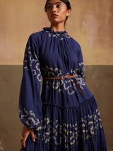 Multi-tier Cotton Long Dress With Jewel Neckline & Cuff Sleeves