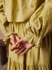 Lime Green Hand Embroidered Band Collar  Short Top With Bishop Sleeves