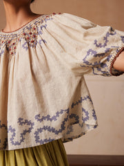 Ivory Spiral Printed On The Border With Drawstring Neckline & Cuff Sleeves